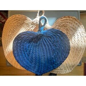 Hand Woven Straw Palm Leaf Wicker Rattan Hand Fan Spade/Heart Shape Boho 3 Pcs